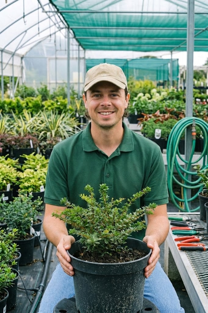 A man wearing a beige cap and green polo shirt smiles while holding a potted plant in a greenhouse, showcasing the joy of gardening and inspiring those who want to compete with big box stores.