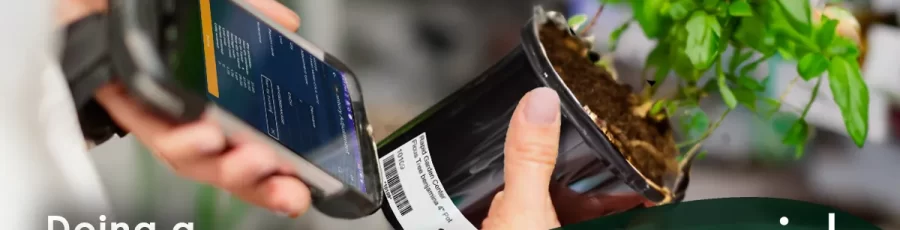 A person scans a barcode on a potted plant with a mobile handheld device. Text: "Doing a Physical Inventory of Top Selling Items" --A Rapid Garden POS webinar