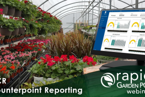 Greenhouse with colorful potted flowers and a computer displaying an interface for NCR Counterpoint Reporting. Text: "NCR Counterpoint Reporting" -- a Rapid Garden POS webinar