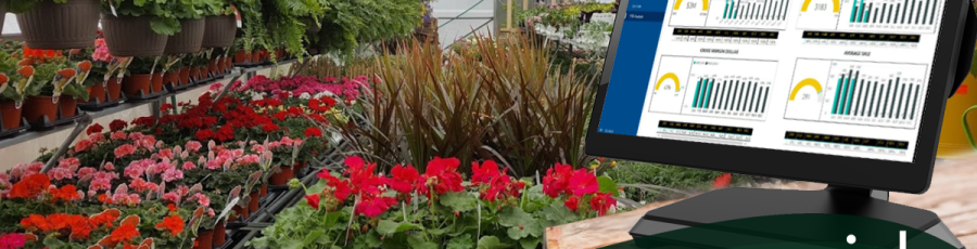 Greenhouse with colorful potted flowers and a computer displaying an interface for NCR Counterpoint Reporting. Text: "NCR Counterpoint Reporting" -- a Rapid Garden POS webinar