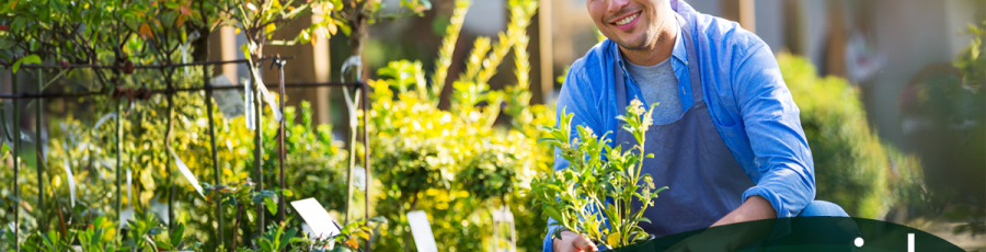 An employee of a garden center is crouching near his plants and smiling at the camera. Text: "Replenishment Within Counterpoint" -- A Rapid Garden POS webinar