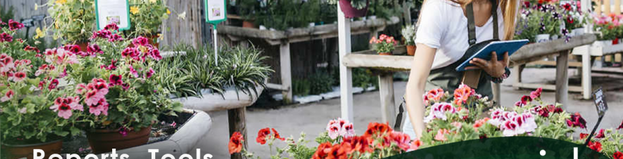 A woman with a tablet inspects potted plants in a garden center. Text: "Reports, Tools, & Tactics for Controlling Your Inventory" -- A Rapid Garden POS webinar.