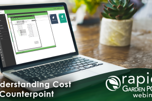 A laptop on a wooden table displays a Counterpoint interface. A plant and blurred background are visible. Text: "Understanding Cost in Counterpoint" -- A Rapid Garden POS webinar