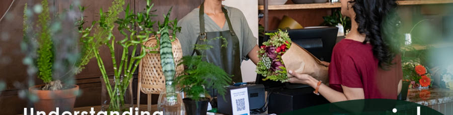 A smiling florist in an apron hands a bouquet of flowers to a customer at a counter. Various plants and flowers are displayed around them. Text: “Understanding & Implementing Touchscreen Fundamentals -- a Rapid Garden POS webinar