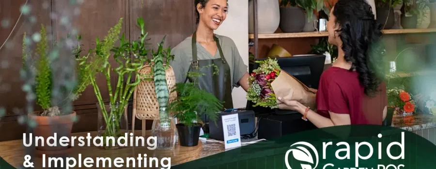 A smiling florist in an apron hands a bouquet of flowers to a customer at a counter. Various plants and flowers are displayed around them. Text: “Understanding & Implementing Touchscreen Fundamentals -- a Rapid Garden POS webinar