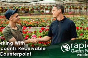 A man in a casual polo shirt is shaking hands with a garden center employee in a garden center. Text: "Working With Accounts Receivable in Counterpoint" -- A Rapid Garden POS webinar