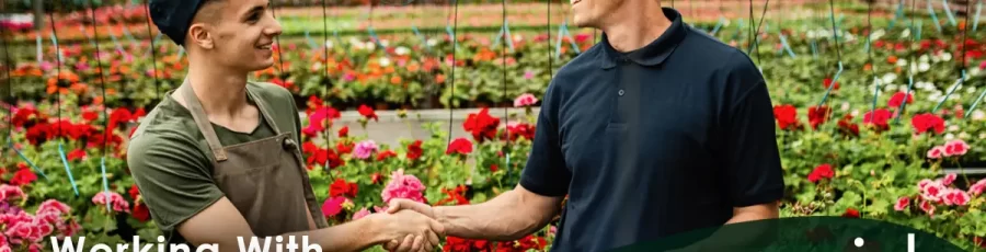 A man in a casual polo shirt is shaking hands with a garden center employee in a garden center. Text: "Working With Accounts Receivable in Counterpoint" -- A Rapid Garden POS webinar