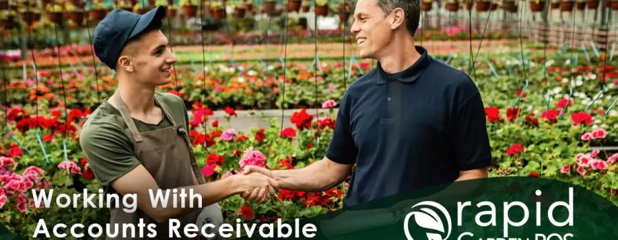 A man in a casual polo shirt is shaking hands with a garden center employee in a garden center. Text: "Working With Accounts Receivable in Counterpoint" -- A Rapid Garden POS webinar