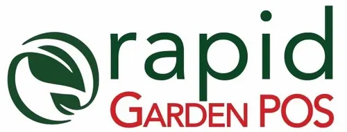 Hi-res garden logo for Rapid Garden POS, featuring 'rapid' in green, 'GARDEN POS' in red, and a green leaf design to the left of the text.