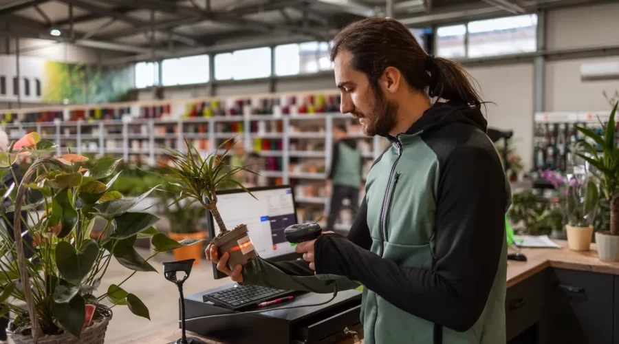 A man behind the cashier stand is scanning a price tag on a potted plant with a bar code reader.