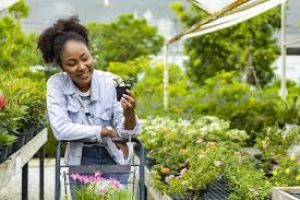 Woman shops for small plants in garden center.