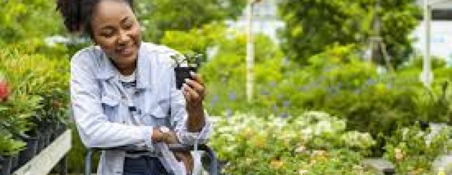 Woman shops for small plants in garden center.